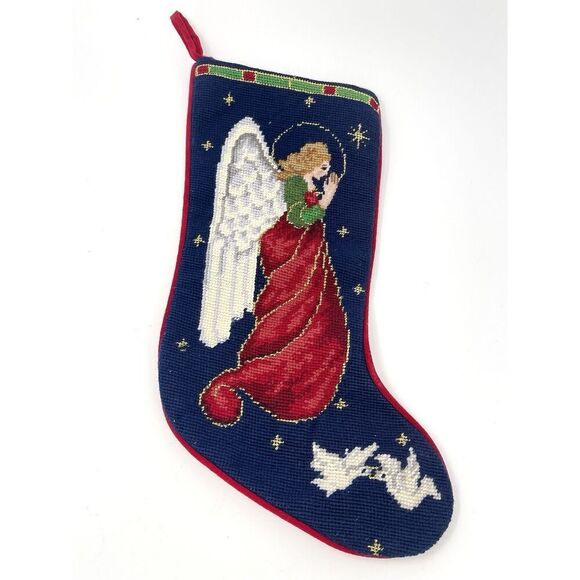 Vintage Needlepoint Christmas Stocking Angel Doves Blue Red Wool Velvet Back - Picture 1 of 8